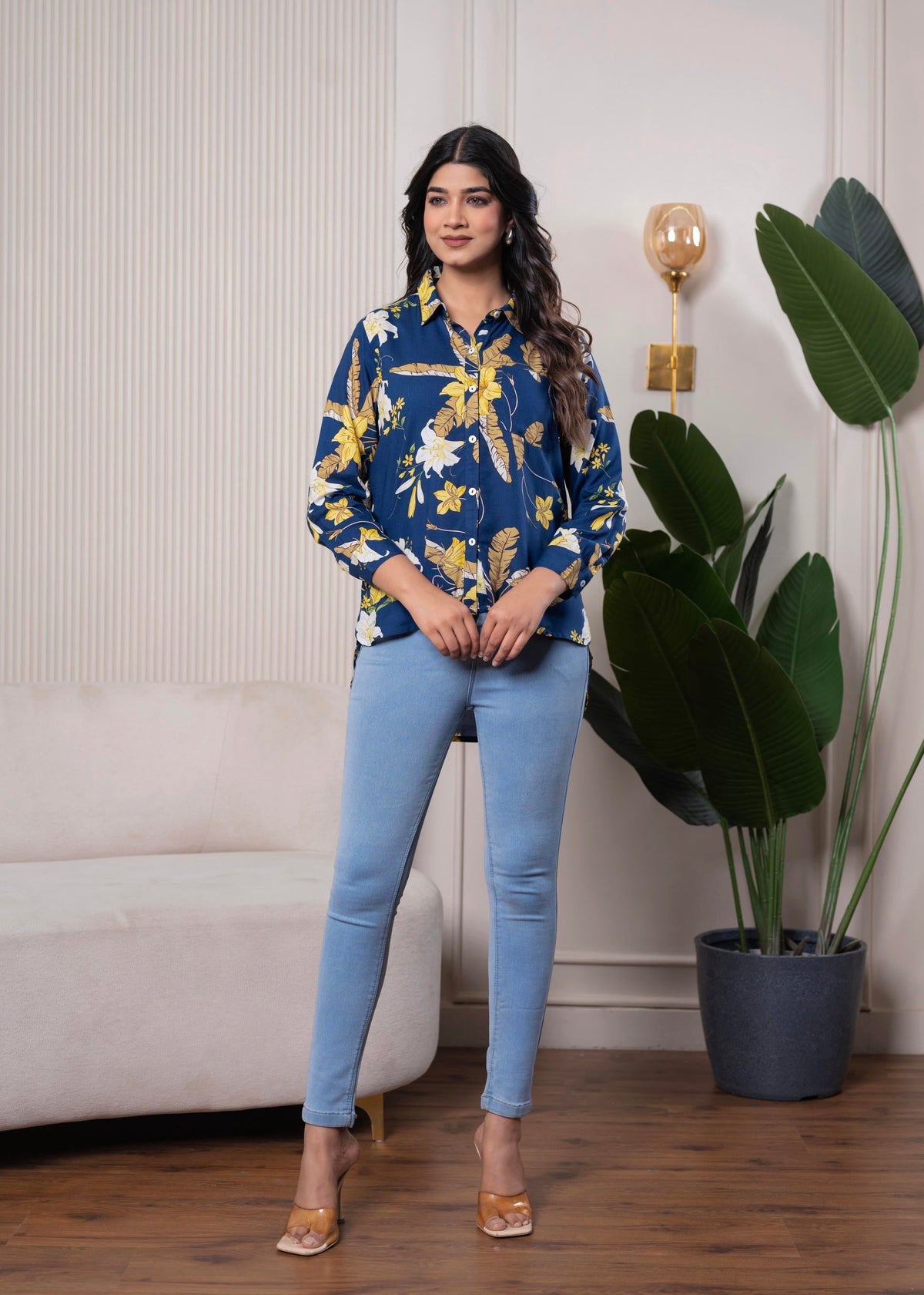 Juniper Lamora Navy Blue Floral Print Long Sleeve Button-Down Shirt | Grocsy