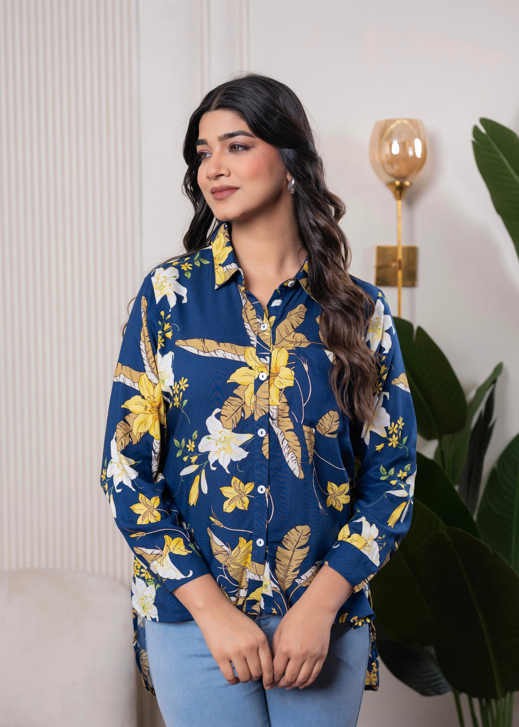Juniper Lamora Navy Blue Floral Print Long Sleeve Button-Down Shirt | Grocsy
