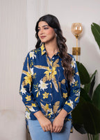 Juniper Lamora Navy Blue Floral Print Long Sleeve Button-Down Shirt | Grocsy