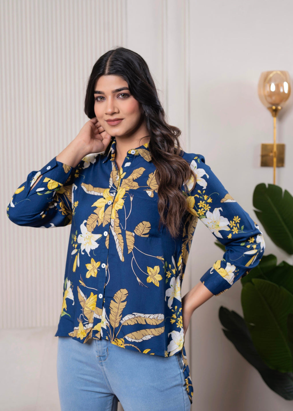 Juniper Lamora Navy Blue Floral Print Long Sleeve Button-Down Shirt | Grocsy