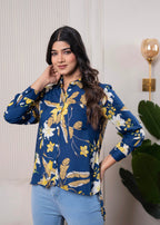 Juniper Lamora Navy Blue Floral Print Long Sleeve Button-Down Shirt | Grocsy