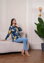 Juniper Lamora Navy Blue Floral Print Long Sleeve Button-Down Shirt | Grocsy