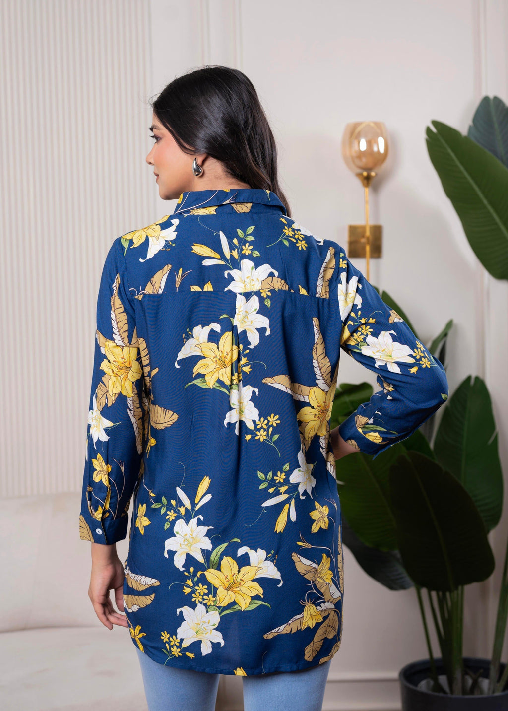 Juniper Lamora Navy Blue Floral Print Long Sleeve Button-Down Shirt | Grocsy