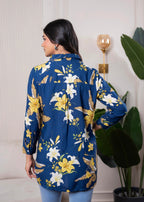 Juniper Lamora Navy Blue Floral Print Long Sleeve Button-Down Shirt | Grocsy