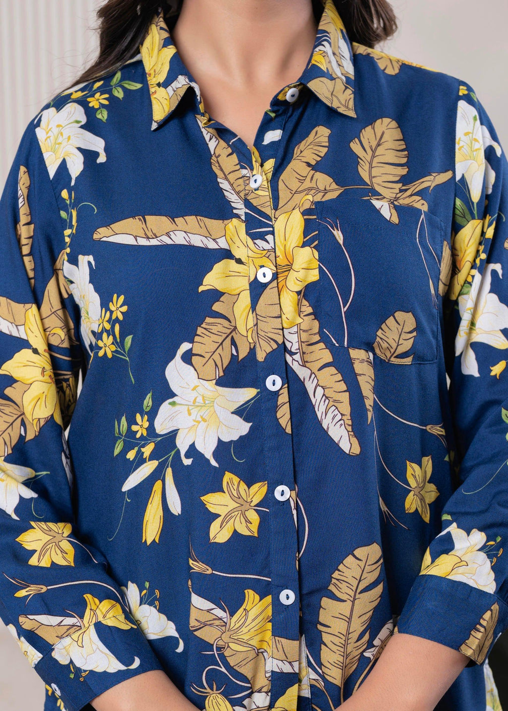 Juniper Lamora Navy Blue Floral Print Long Sleeve Button-Down Shirt | Grocsy