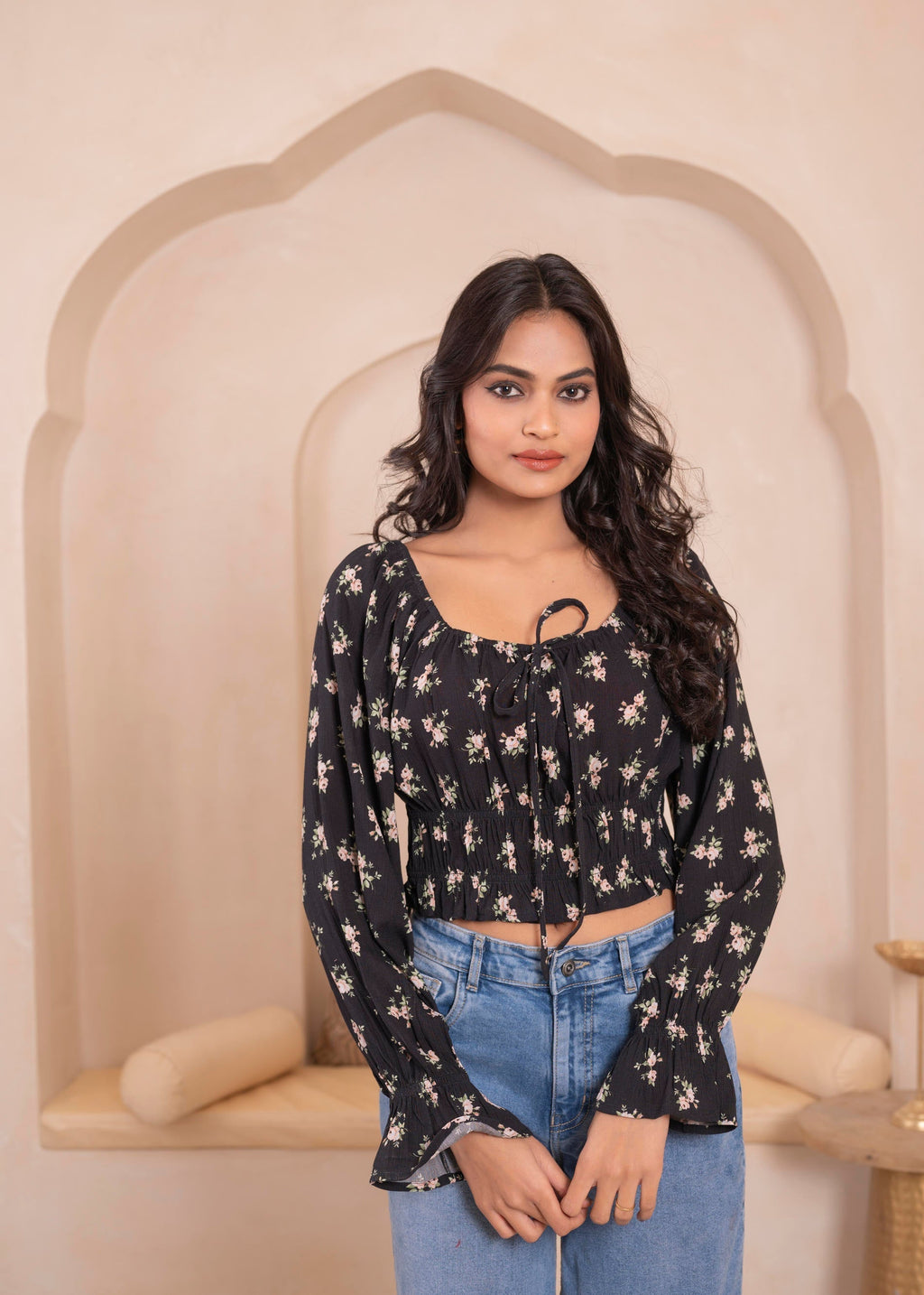 Juniper Lamora Black Floral Smocked Crop Top | Grocsy