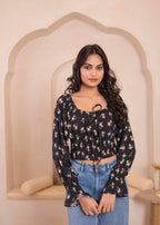 Juniper Lamora Black Floral Smocked Crop Top | Grocsy