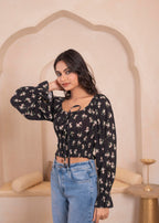 Juniper Lamora Black Floral Smocked Crop Top | Grocsy