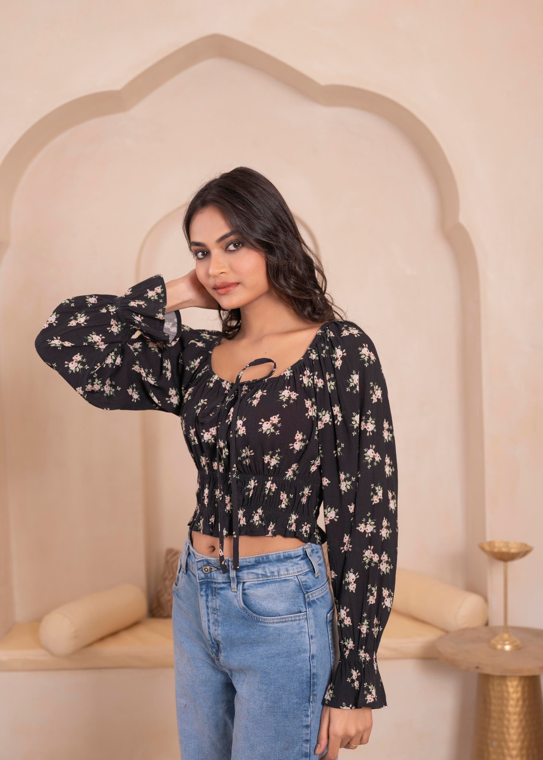 Juniper Lamora Black Floral Smocked Crop Top | Grocsy
