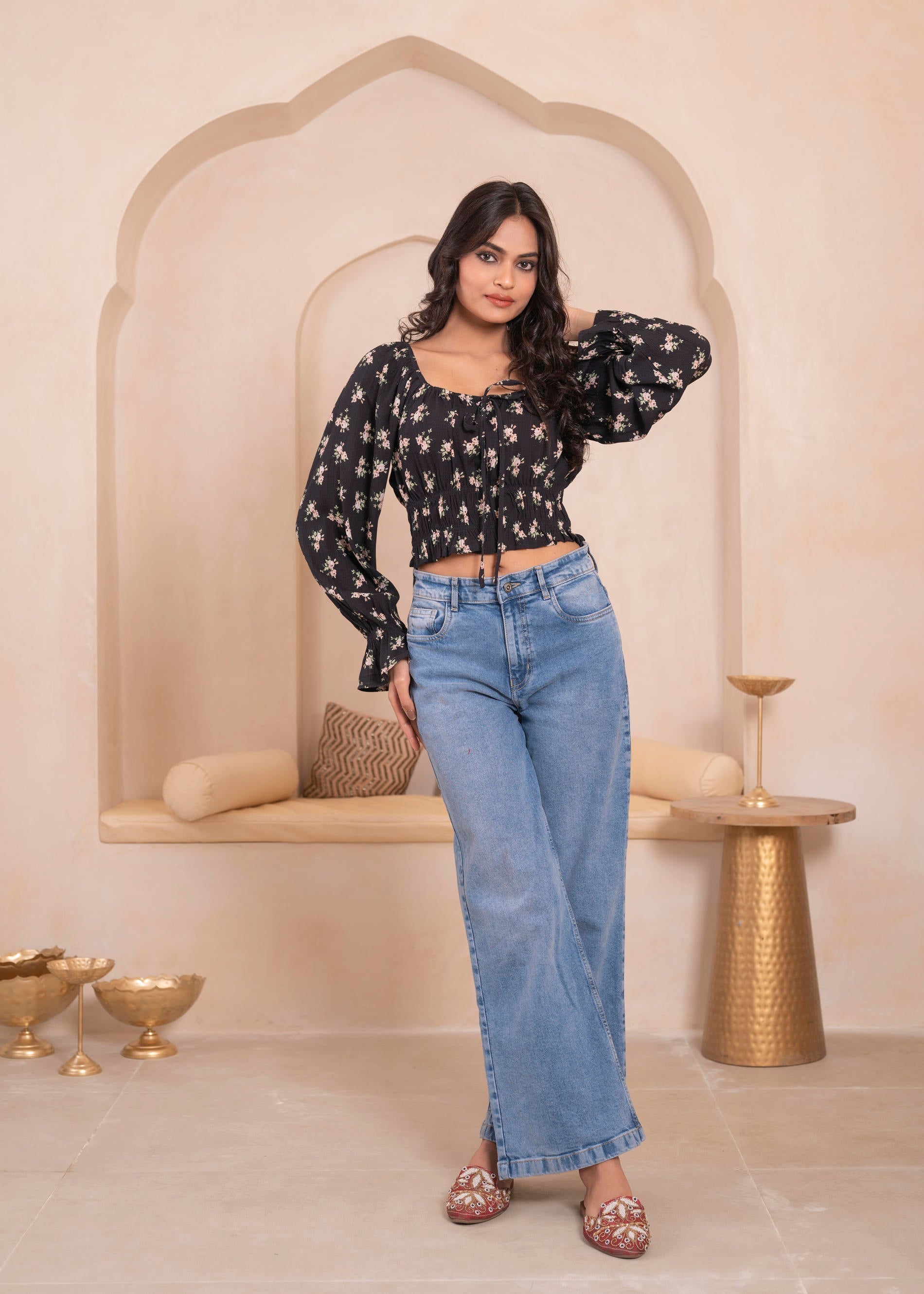 Juniper Lamora Black Floral Smocked Crop Top | Grocsy