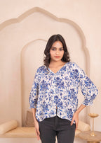 Juniper Lamora White & Blue Baroque Floral Printed Top | Grocsy