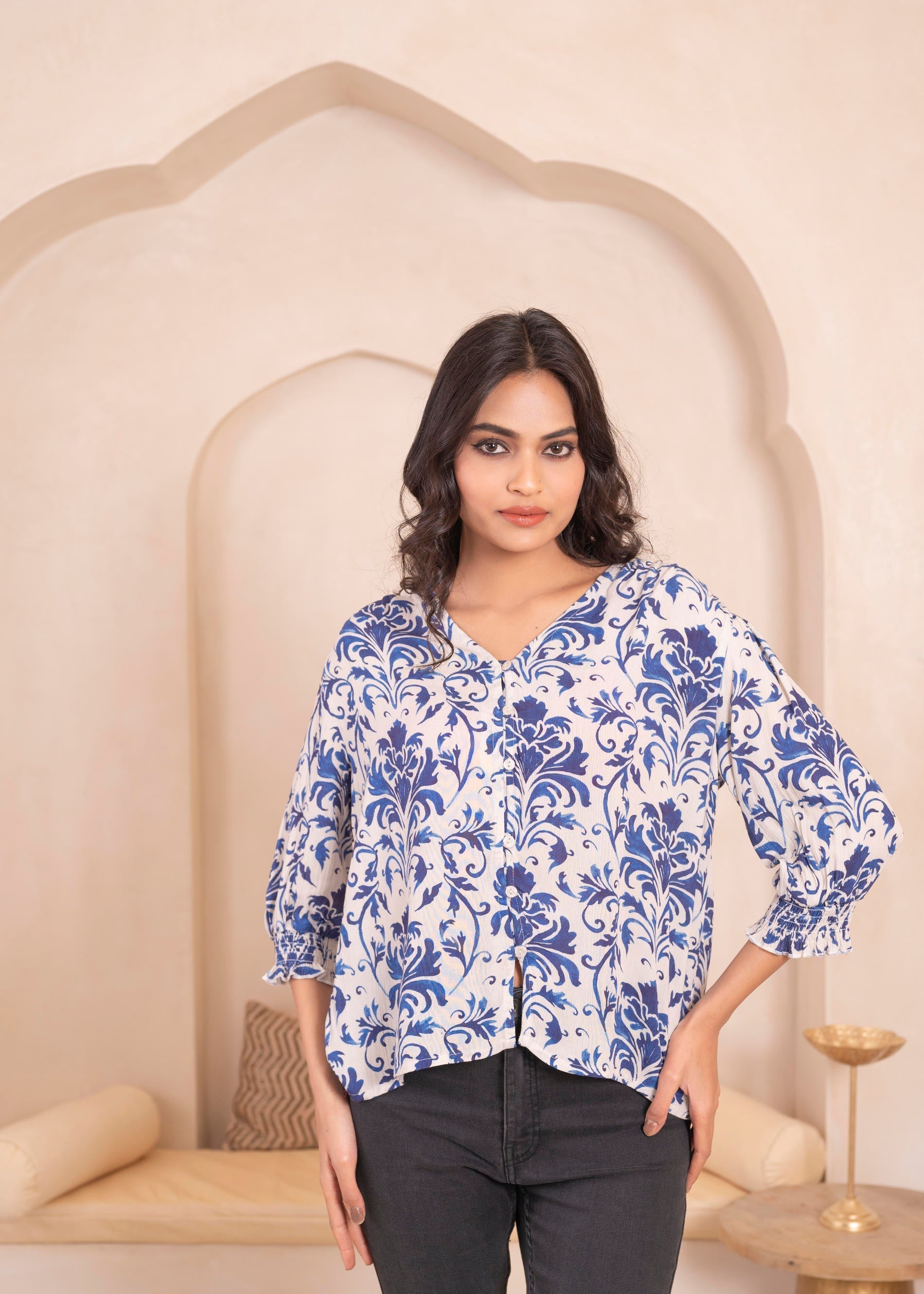 Juniper Lamora White & Blue Baroque Floral Printed Top | Grocsy