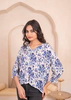 Juniper Lamora White & Blue Baroque Floral Printed Top | Grocsy