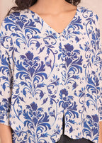 Juniper Lamora White & Blue Baroque Floral Printed Top | Grocsy