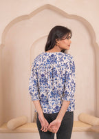 Juniper Lamora White & Blue Baroque Floral Printed Top | Grocsy