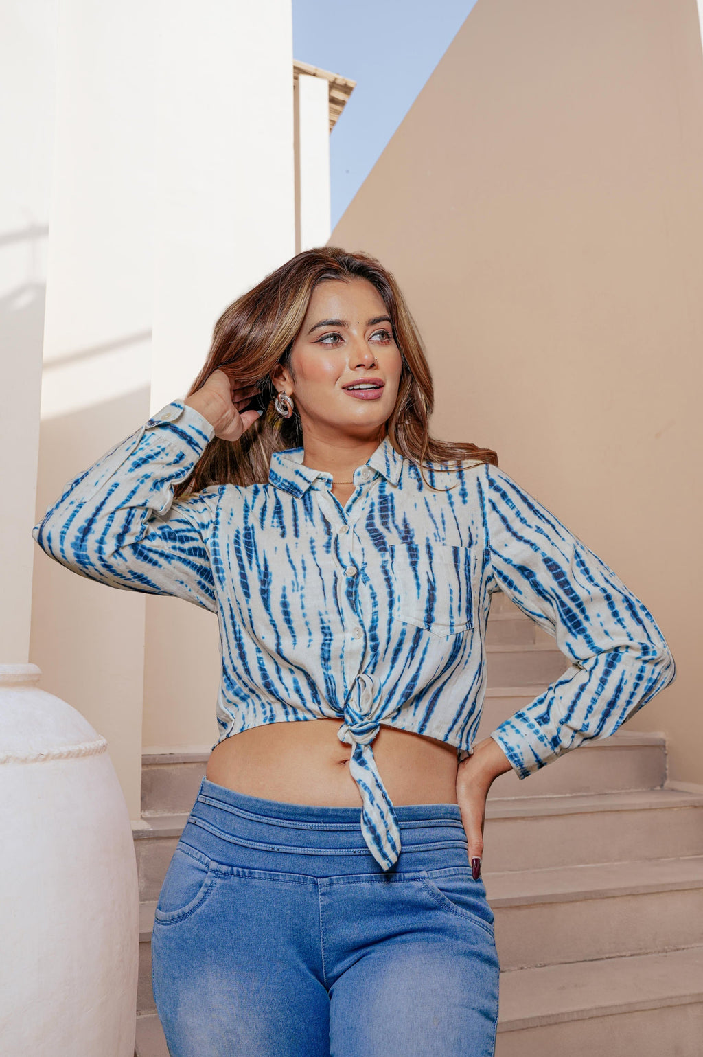 Juniper Lamora Indigo Blue & White Tie-Dye Striped Shirt Crop Top With Front Knot | Grocsy