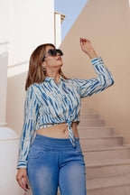 Juniper Lamora Indigo Blue & White Tie-Dye Striped Shirt Crop Top With Front Knot | Grocsy