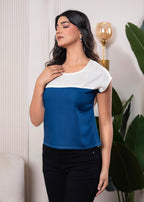 Juniper Lamora Off-White & Blue Colorblock Casual Top | Grocsy