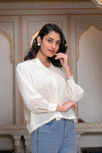 Juniper White Textured Dobby Weave Casual Top With Balloon Sleeves | Grocsy