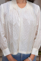Juniper White Textured Dobby Weave Casual Top With Balloon Sleeves | Grocsy