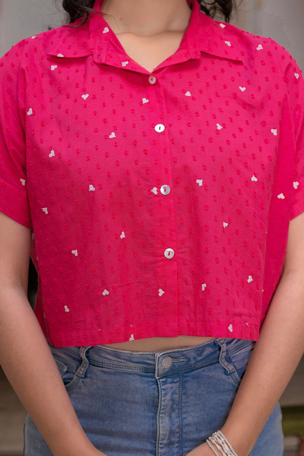 Juniper Lamora Pink Heart Sprinkles Boxy Shirt Top | Grocsy