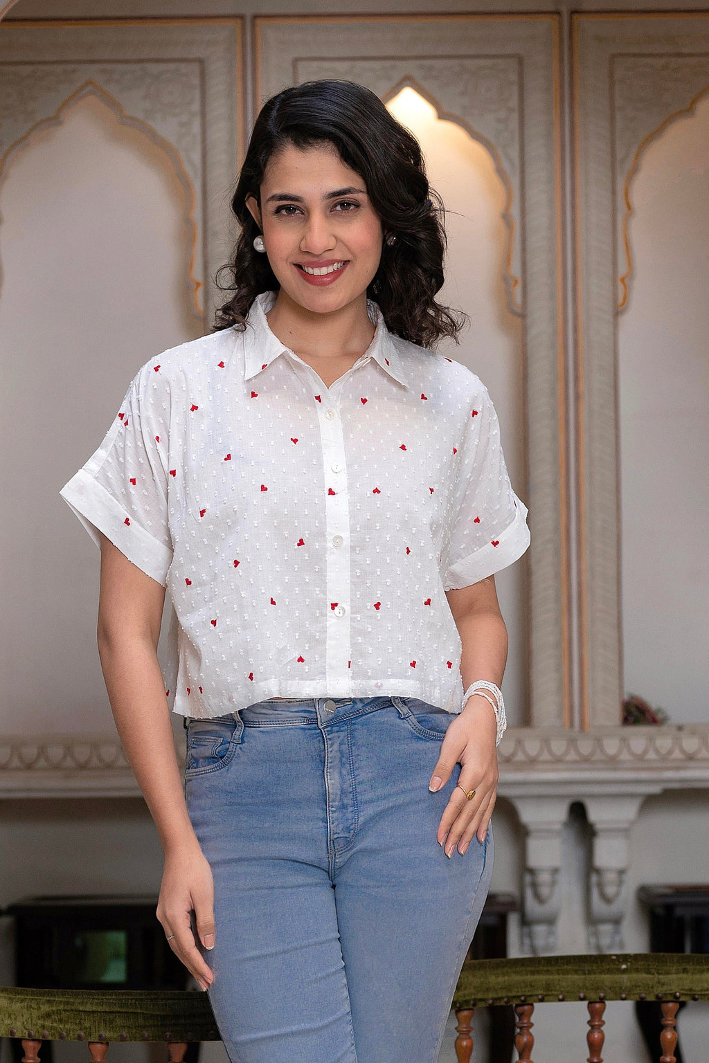 Juniper White Heart-Patterned Short Sleeve Casual Shirt For Women | Grocsy