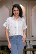 Juniper White Heart-Patterned Short Sleeve Casual Shirt For Women | Grocsy