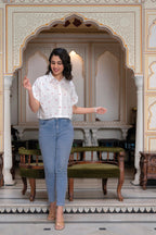 Juniper White Heart-Patterned Short Sleeve Casual Shirt For Women | Grocsy