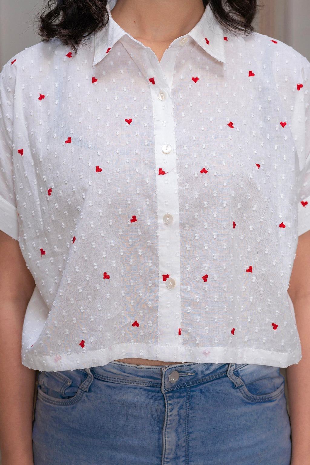 Juniper White Heart-Patterned Short Sleeve Casual Shirt For Women | Grocsy