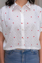 Juniper White Heart-Patterned Short Sleeve Casual Shirt For Women | Grocsy