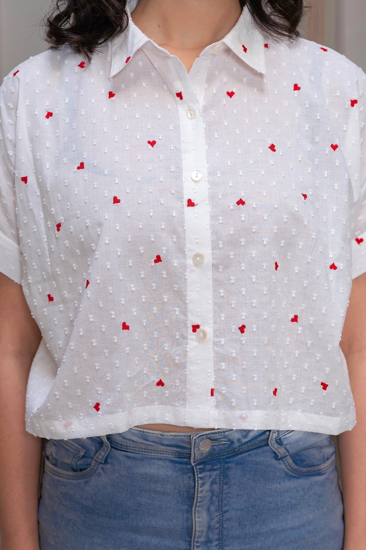 Juniper White Heart-Patterned Short Sleeve Casual Shirt For Women | Grocsy