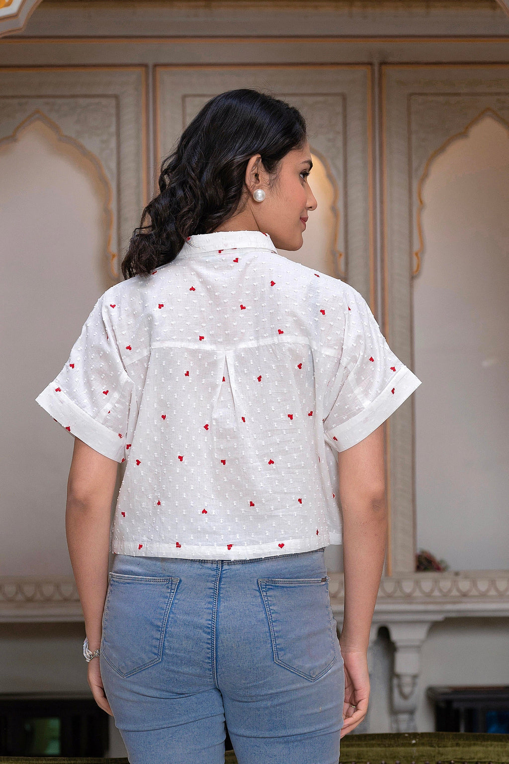 Juniper White Heart-Patterned Short Sleeve Casual Shirt For Women | Grocsy