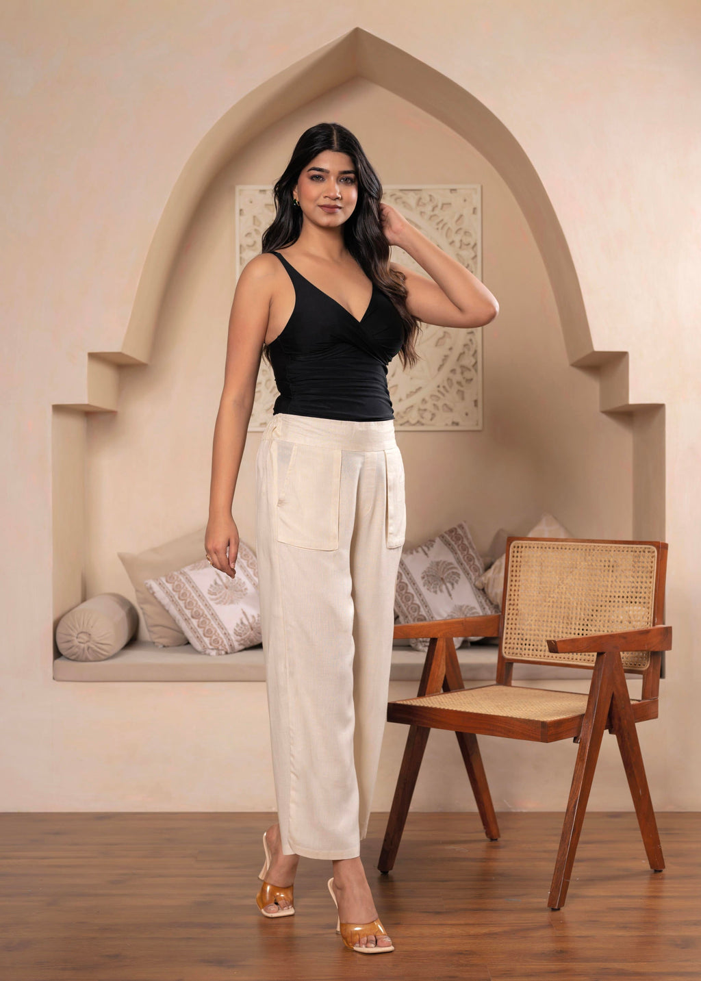 Juniper Lamora Women? Beige Wide-Leg Palazzo With Utility Pockets | Grocsy