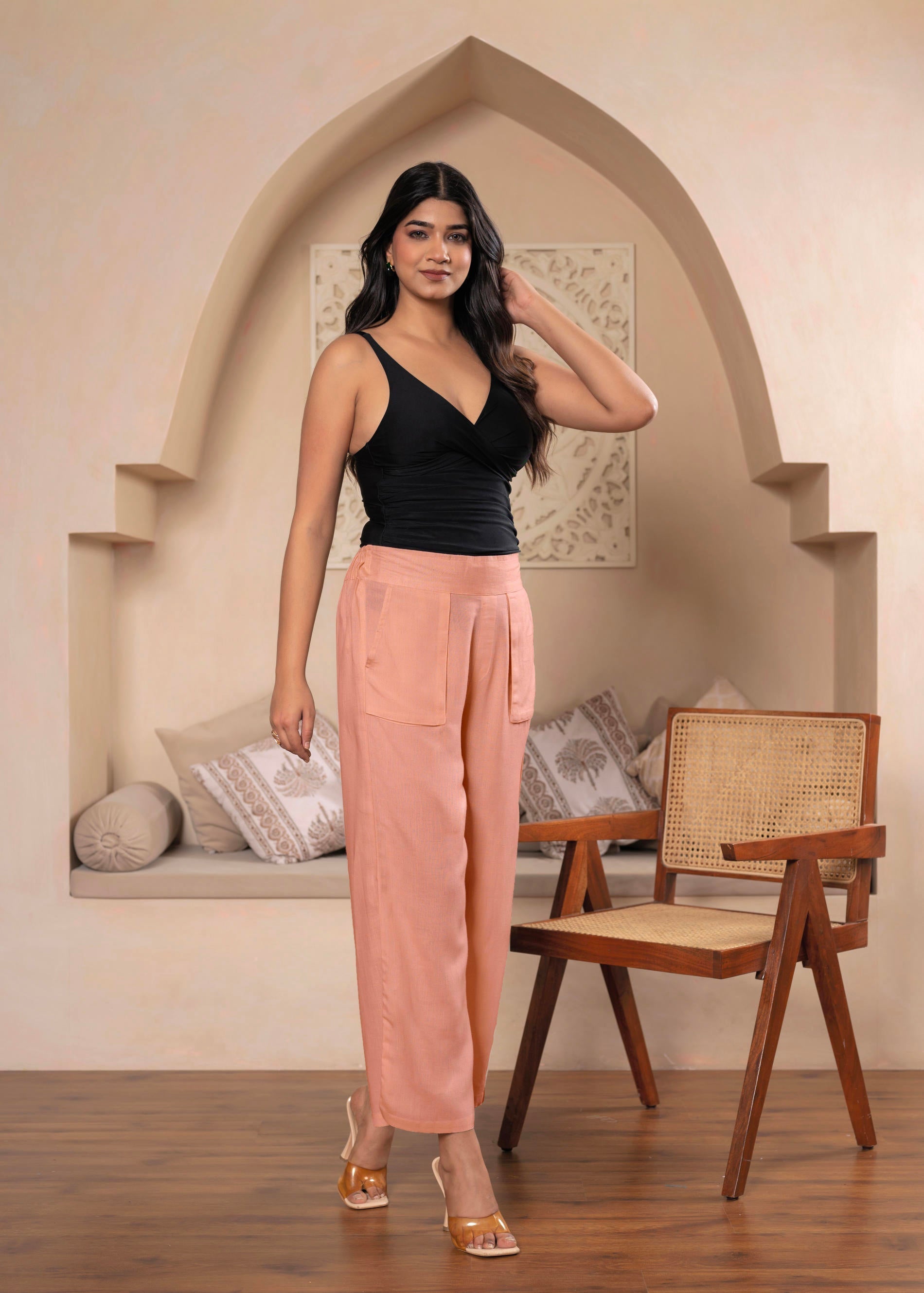 Juniper Lamora Women? Peach Wide-Leg Palazzo With Utility Pockets | Grocsy