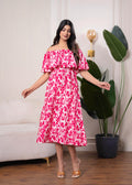 Juniper Lamora Pink & White Off-Shoulder Ruffle Midi Dress | Grocsy