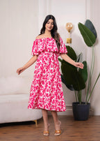 Juniper Lamora Pink & White Off-Shoulder Ruffle Midi Dress | Grocsy