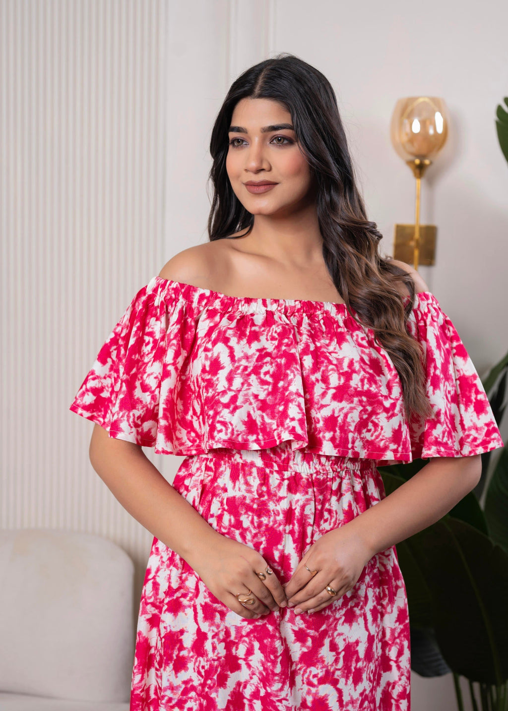 Juniper Lamora Pink & White Off-Shoulder Ruffle Midi Dress | Grocsy