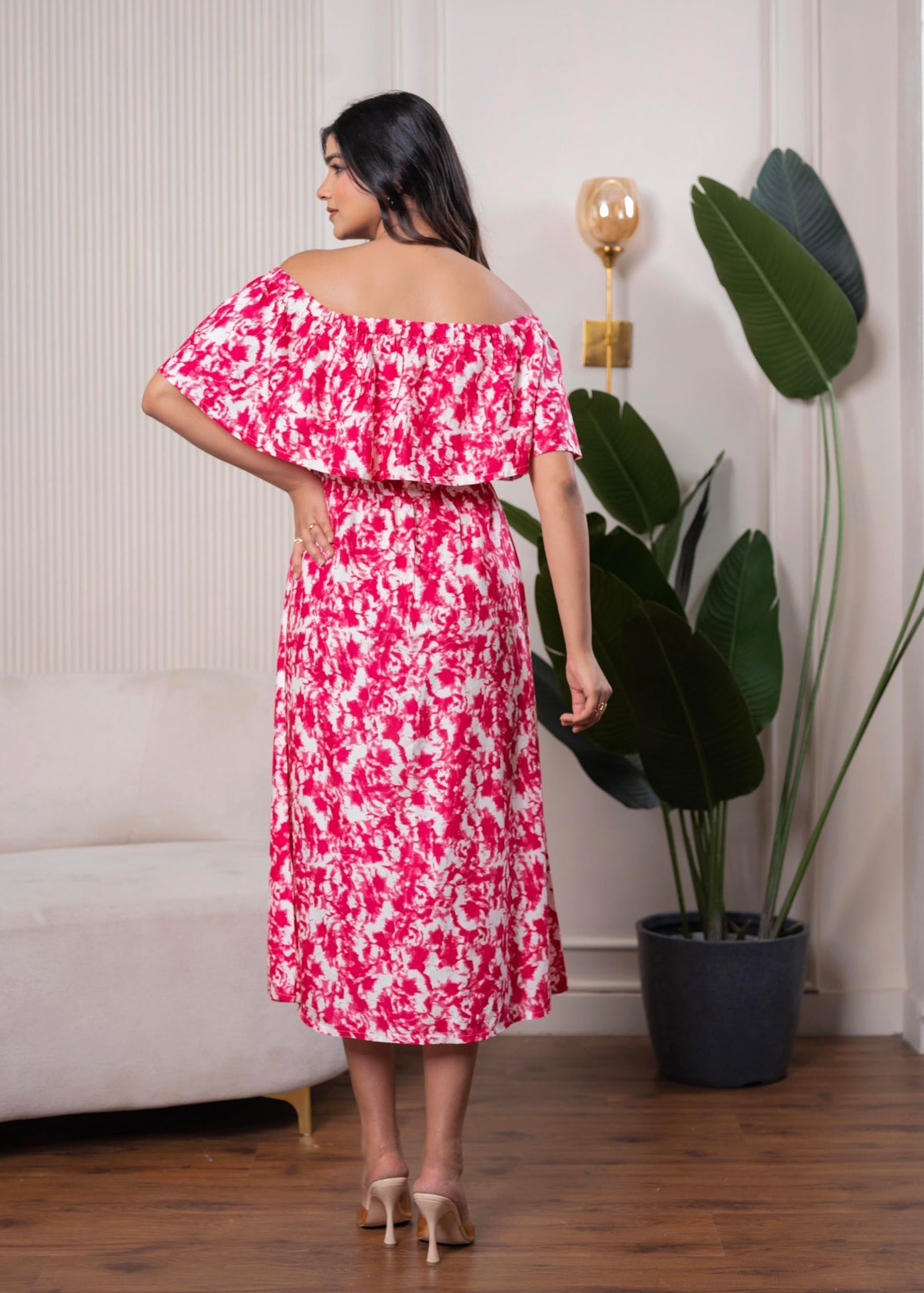 Juniper Lamora Pink & White Off-Shoulder Ruffle Midi Dress | Grocsy