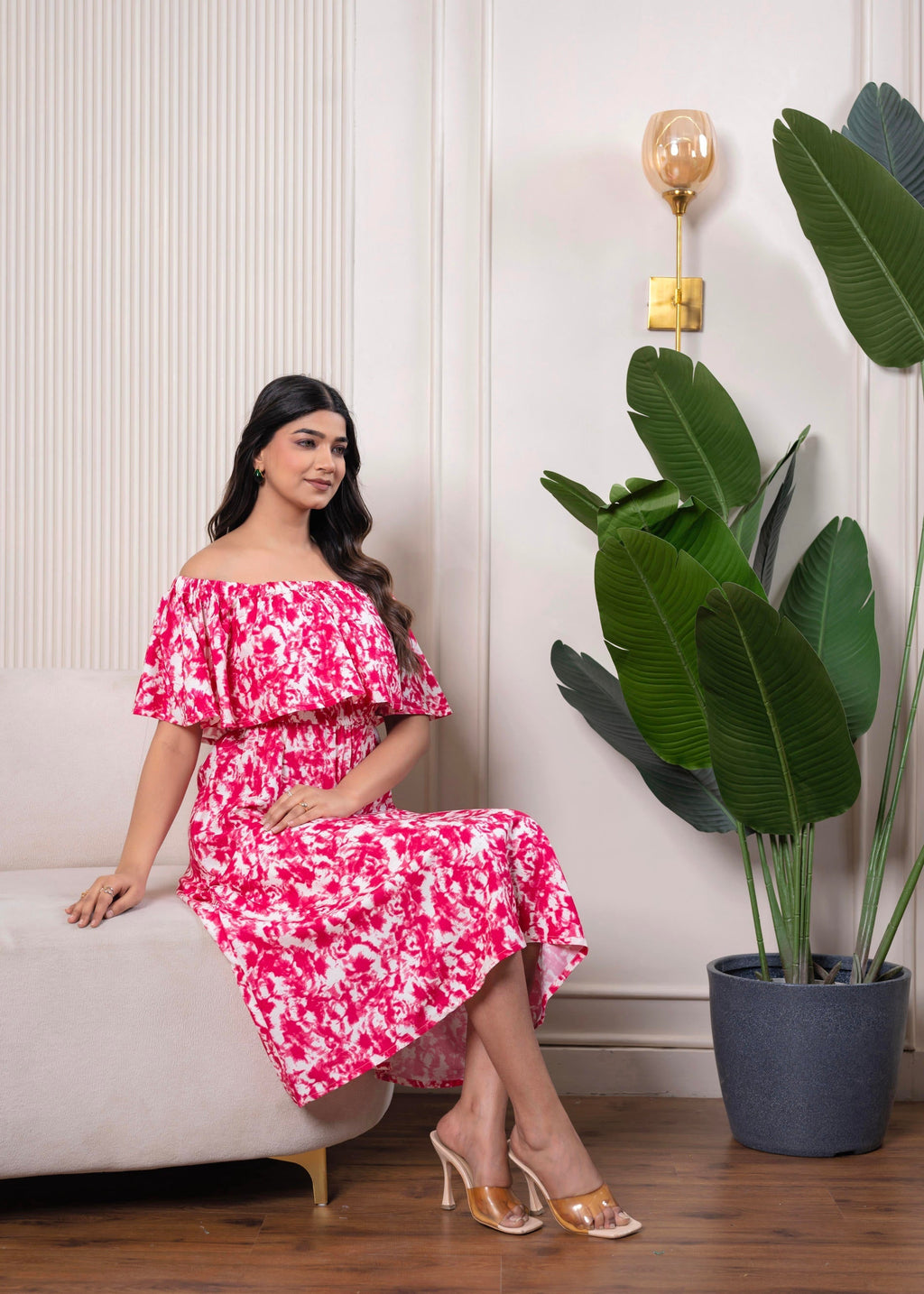 Juniper Lamora Pink & White Off-Shoulder Ruffle Midi Dress | Grocsy