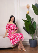 Juniper Lamora Pink & White Off-Shoulder Ruffle Midi Dress | Grocsy