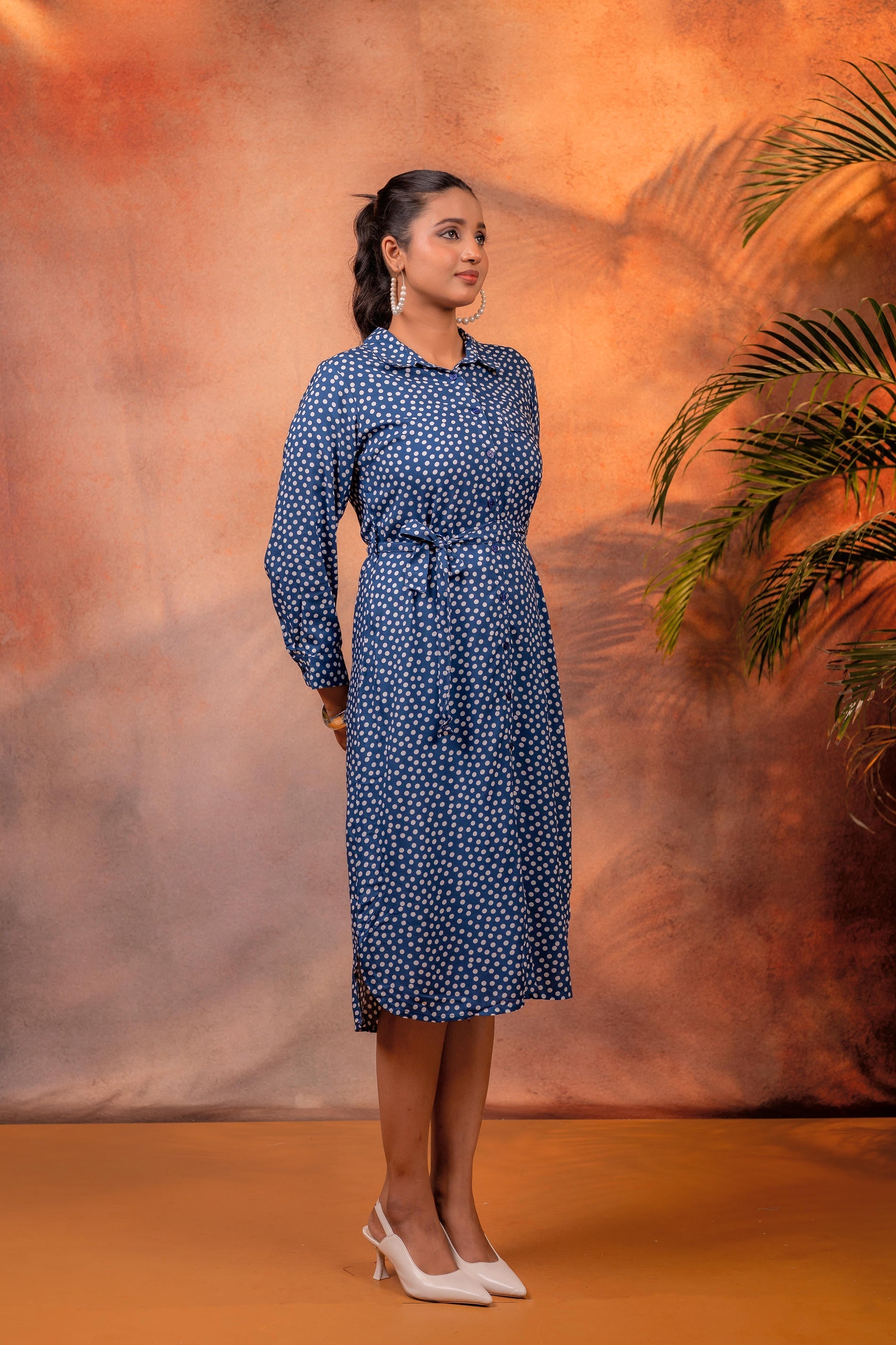 Juniper Lamora Navy Blue Polka Dot Shirt Dress With Waist Tie | Grocsy