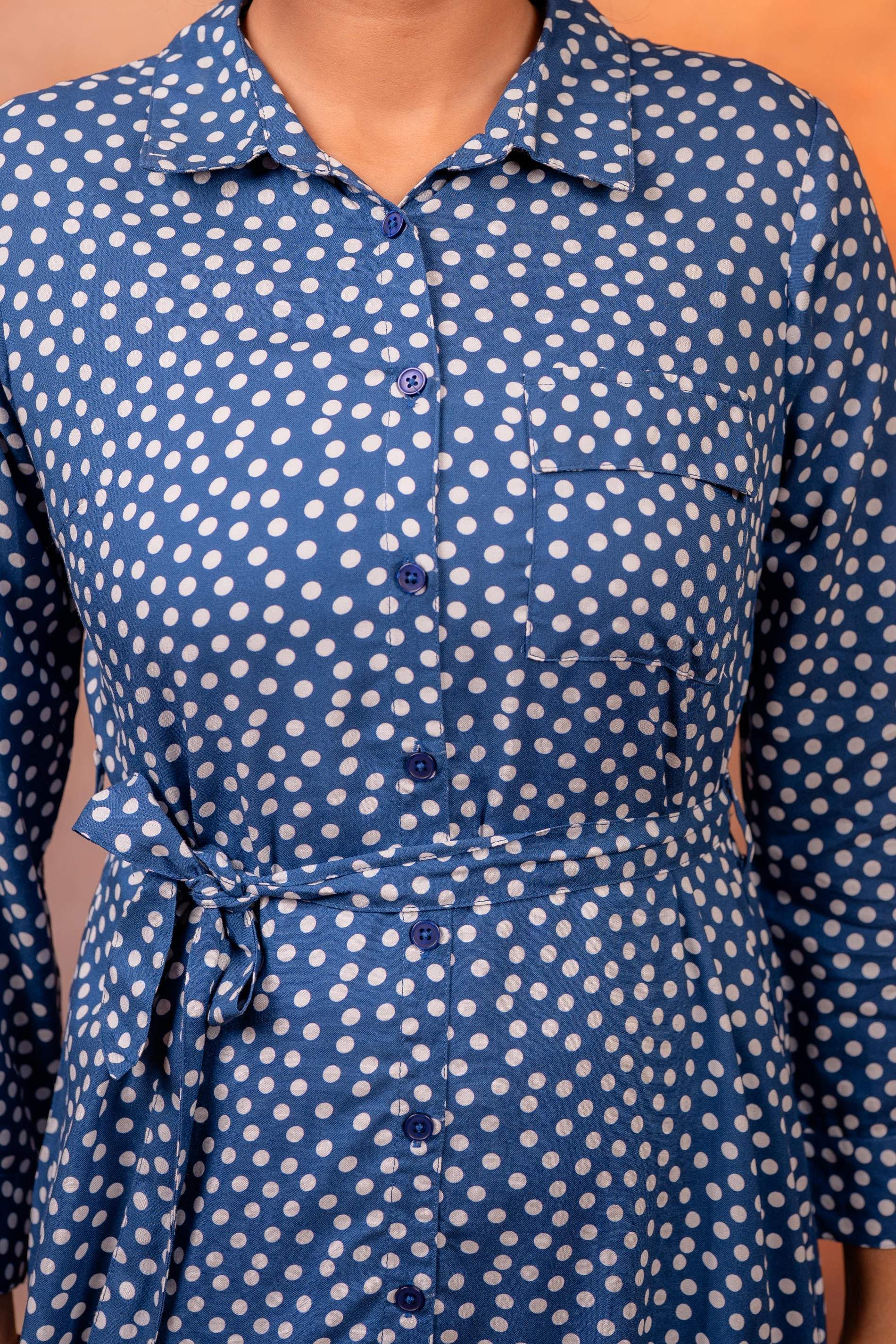 Juniper Lamora Navy Blue Polka Dot Shirt Dress With Waist Tie | Grocsy