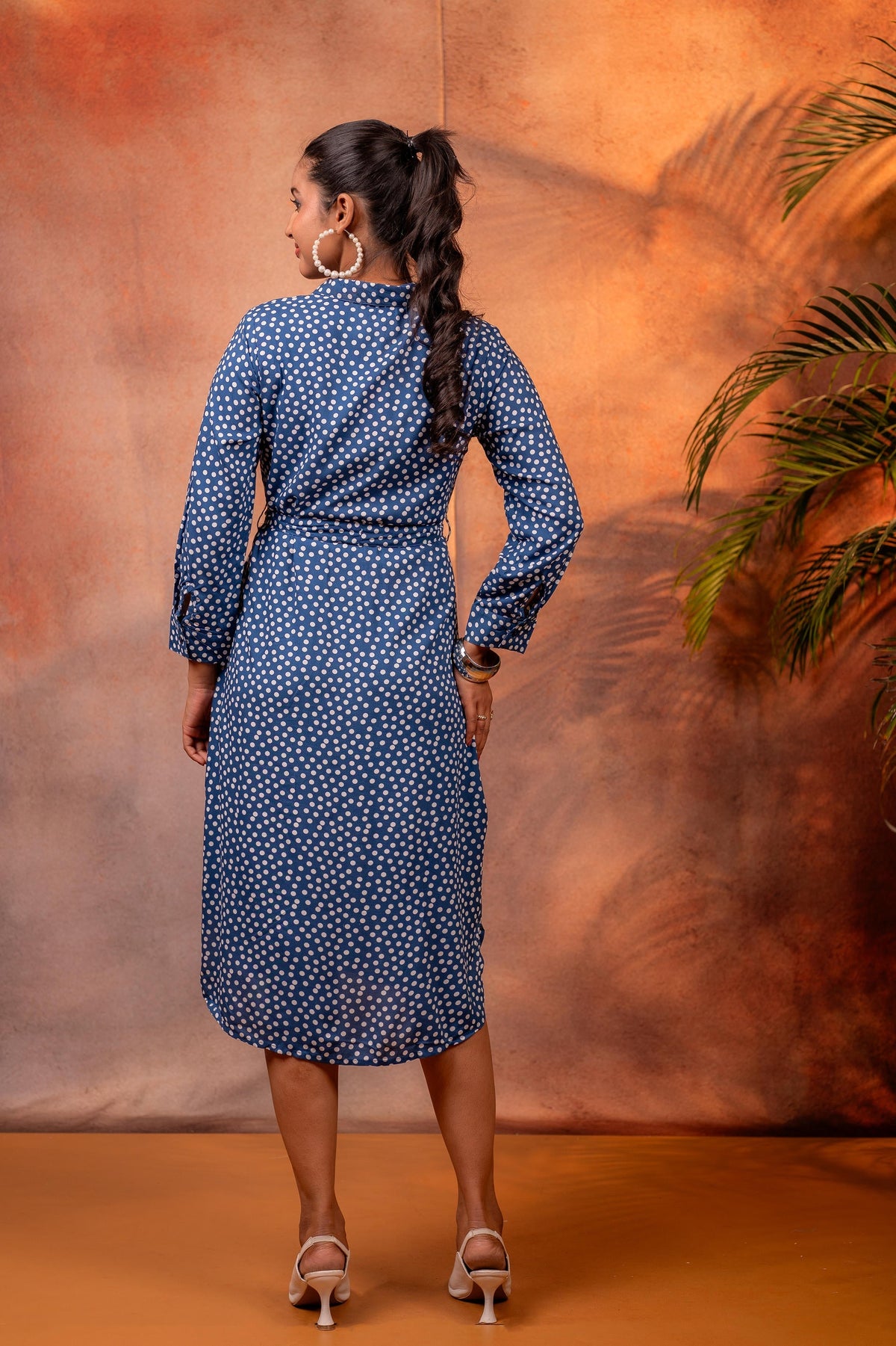 Juniper Lamora Navy Blue Polka Dot Shirt Dress With Waist Tie | Grocsy
