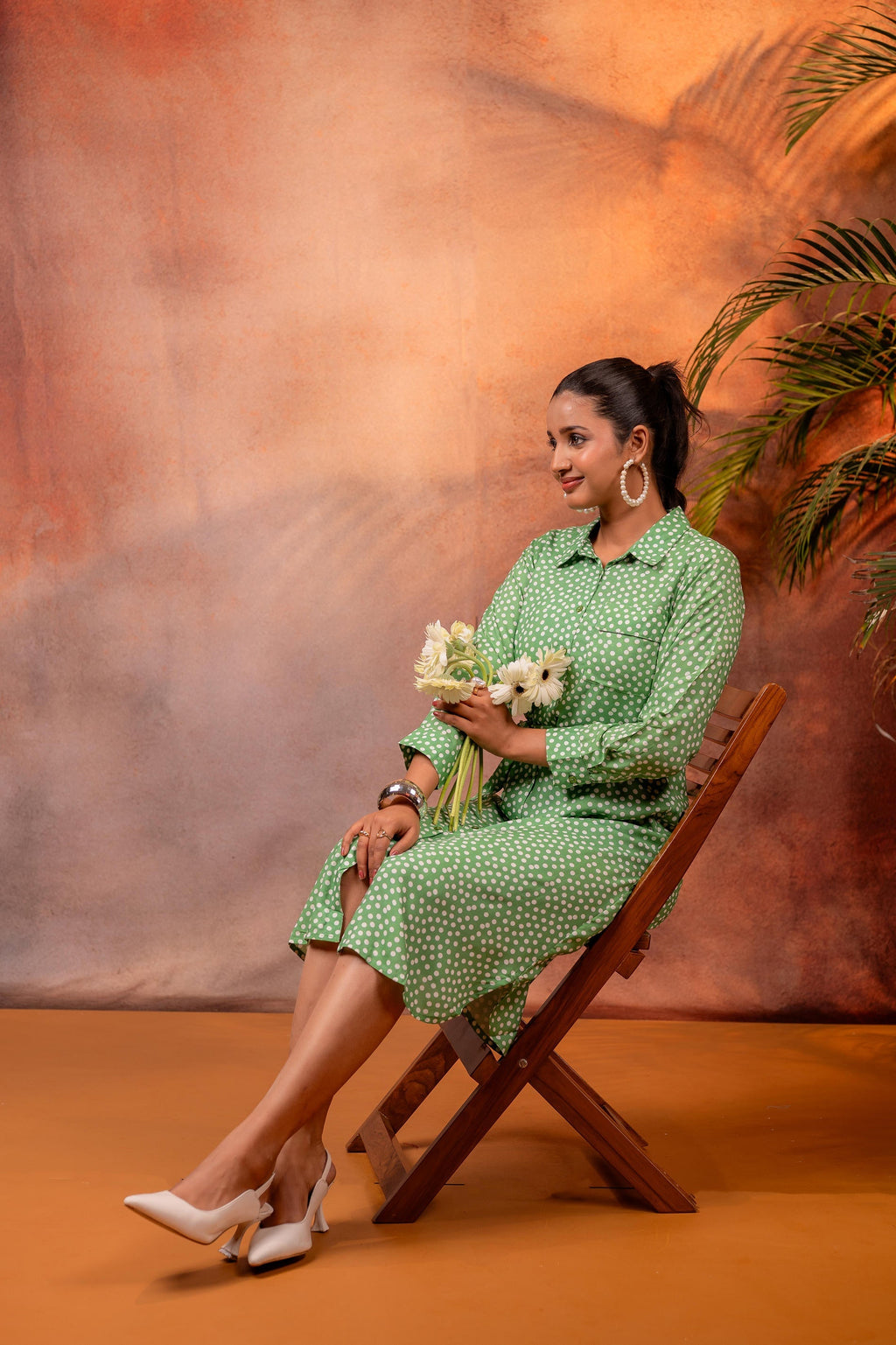 Juniper Lamora Green Polka Dot Shirt Dress With Waist Tie | Grocsy