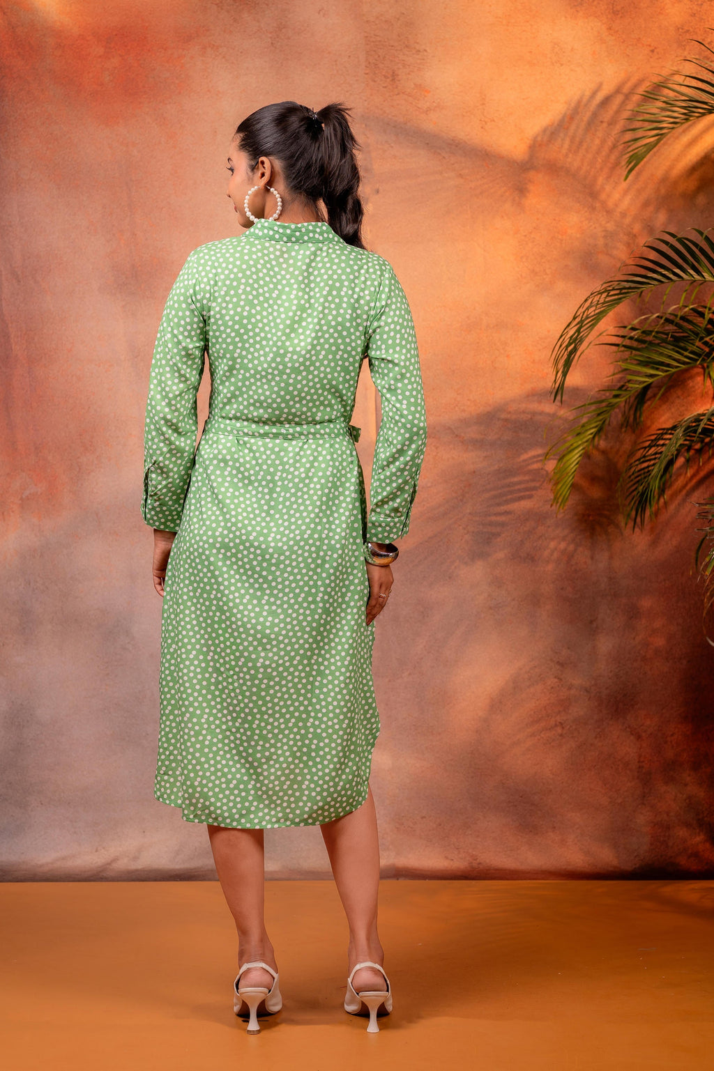Juniper Lamora Green Polka Dot Shirt Dress With Waist Tie | Grocsy