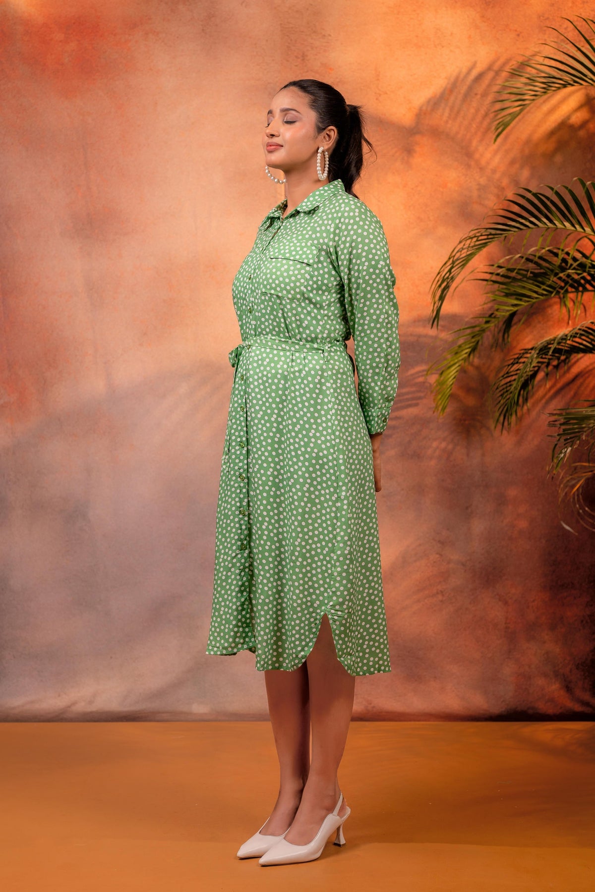 Juniper Lamora Green Polka Dot Shirt Dress With Waist Tie | Grocsy