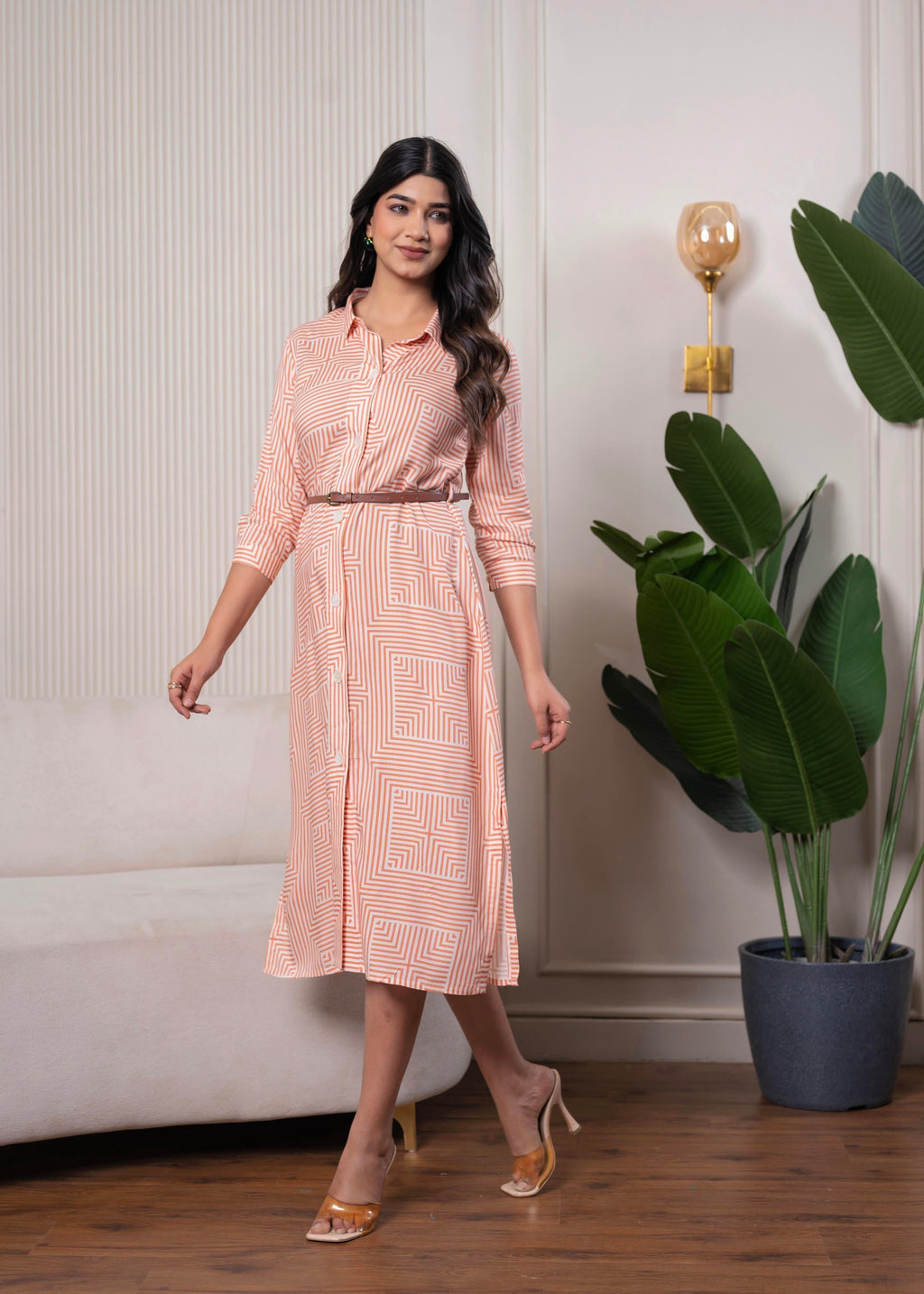 Juniper Lamora Peach & White Geometric Button-Down Midi Shirt Dress With Waist Belt | Grocsy
