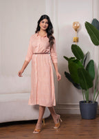 Juniper Lamora Peach & White Geometric Button-Down Midi Shirt Dress With Waist Belt | Grocsy