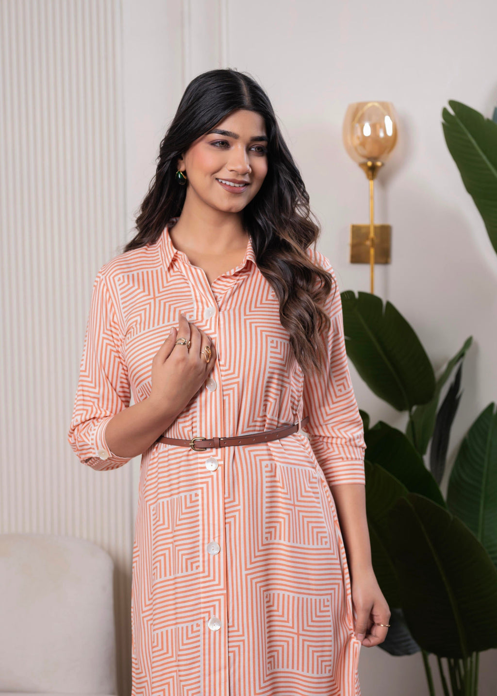 Juniper Lamora Peach & White Geometric Button-Down Midi Shirt Dress With Waist Belt | Grocsy