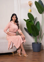Juniper Lamora Peach & White Geometric Button-Down Midi Shirt Dress With Waist Belt | Grocsy